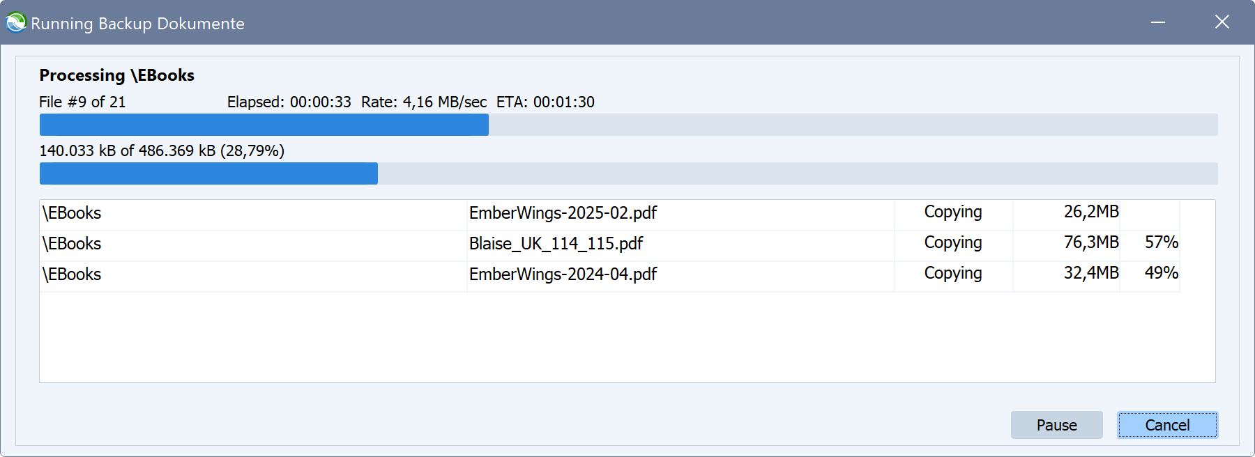 Oprogramowanie do tworzenia kopii zapasowych Syncovery pokazuje okno dialogowe postępu synchronizacji.